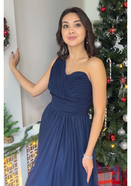 Kadın Tek Omuz Piliseli Kloş Abiye Elbise Lacivert, Siyah, Kırmızı indirimleri