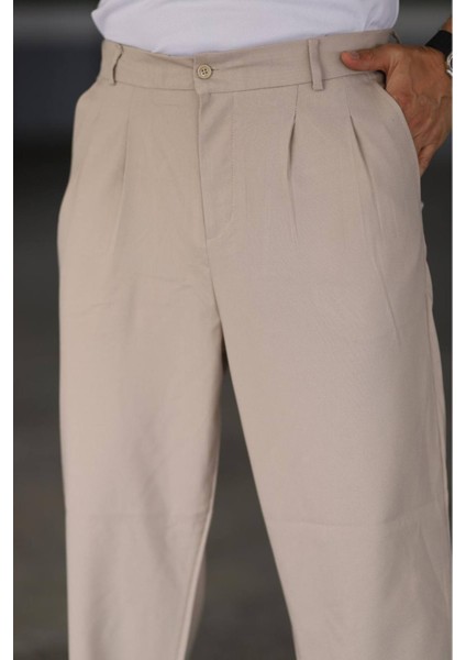 Baggy Çift Pileli Krem Renk Beli Lastikli Kaliteli Rahat Kesim Klasik Bol Paça Baggy Pantolon fiyatları