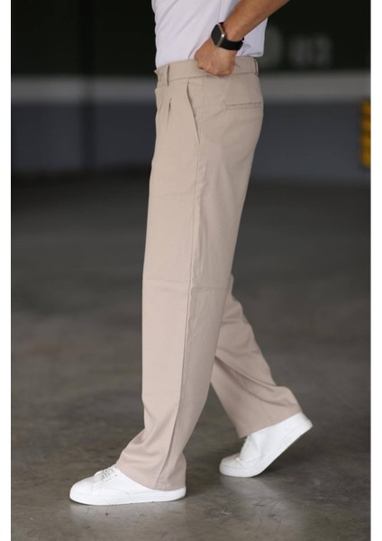 Baggy Çift Pileli Krem Renk Beli Lastikli Kaliteli Rahat Kesim Klasik Bol Paça Baggy Pantolon fırsatları
