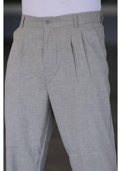 Baggy Çift Pileli Gri Renk Beli Lastikli Kaliteli Rahat Kesim Klasik Bol Paça Baggy Pantolon