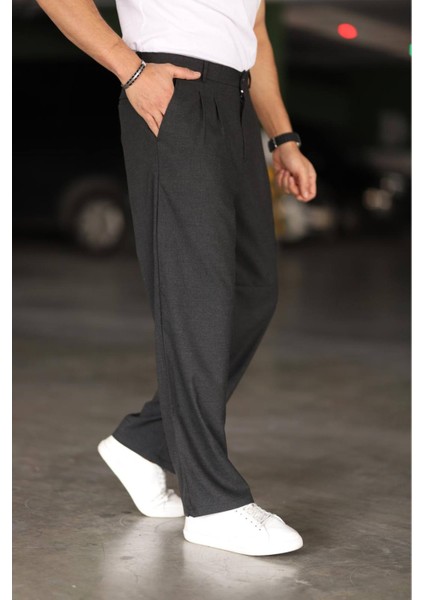 Baggy Çift Pileli Antrasit Renk Beli Lastikli Kaliteli Rahat Kesim Klasik Bol Paça Baggy Pantolon fiyatları