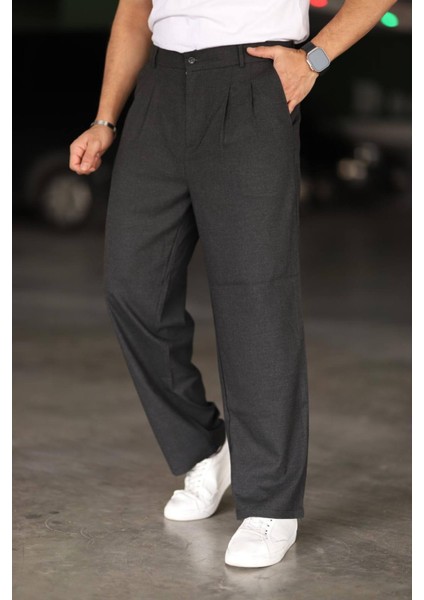 Baggy Çift Pileli Antrasit Renk Beli Lastikli Kaliteli Rahat Kesim Klasik Bol Paça Baggy Pantolon indirimleri