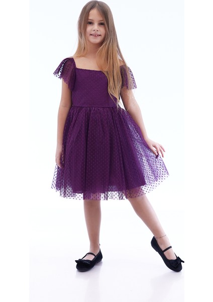 Kız Çocuk Kare Yaka Trend Tül Elbise AK2242