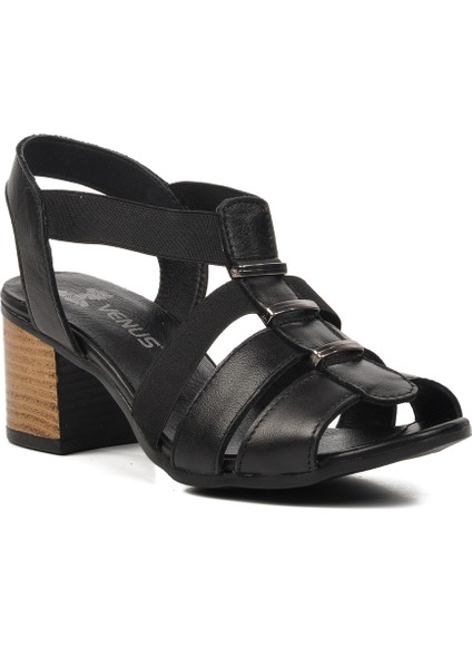 Siyah Hakiki Deri Kadın Topuklu Sandalet