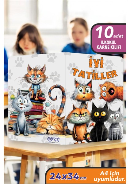 10 Adet Kedi Temalı A4 Ilkokul Karne Kılıfı Kabı Karne Süsleme 24X34