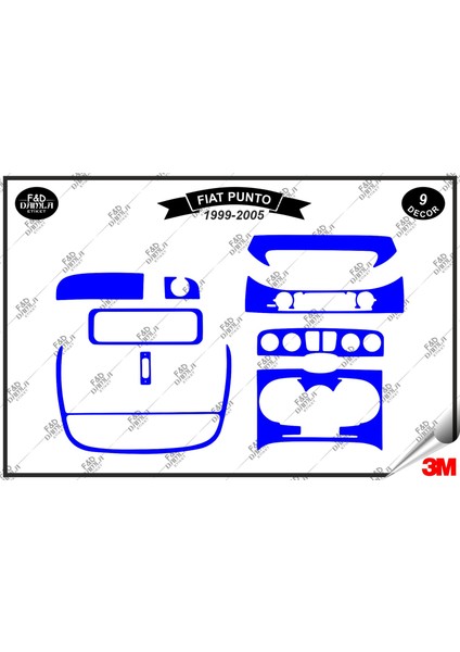 Fiat Punto 1999-2005 Torpido Konsol Trim Göğüs Maun Kaplama Set 9 Parça Mavi