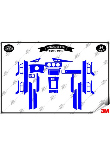 Mercedes E-190 1983-1993 Torpido Konsol Trim Göğüs Maun Kaplama Set 34 Parça Mavi