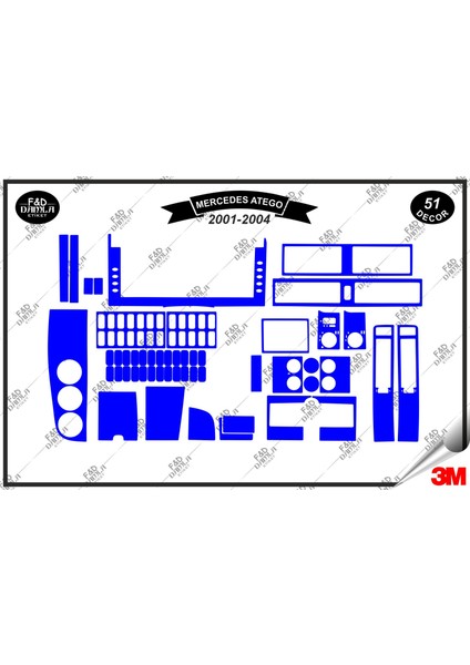 Mercedes Atego 2001-2004 Torpido Konsol Trim Göğüs Maun Kaplama Set 51 Parça Mavi