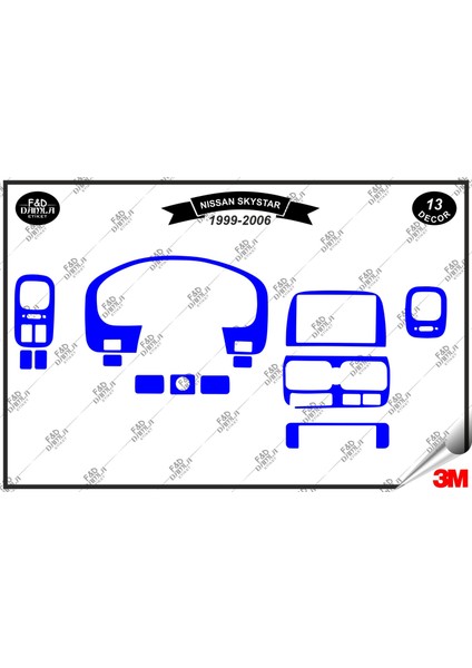 Nissan Pick-Up Skystar 1999-2006 Torpido Konsol Trim Göğüs Maun Kaplama Set 12 Parça Mavi