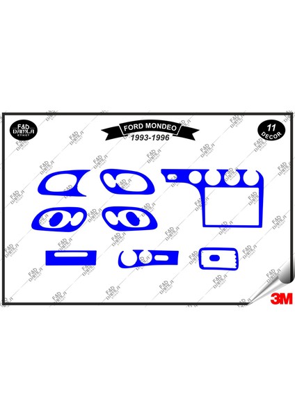 Ford Mondeo 1993-1996 Torpido Konsol Trim Göğüs Maun Kaplama Set 11 Parça Mavi