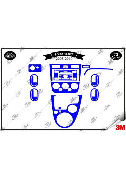 Ford Fiesta 2005-2010 Torpido Konsol Trim Göğüs Maun Kaplama Set 13 Parça Mavi
