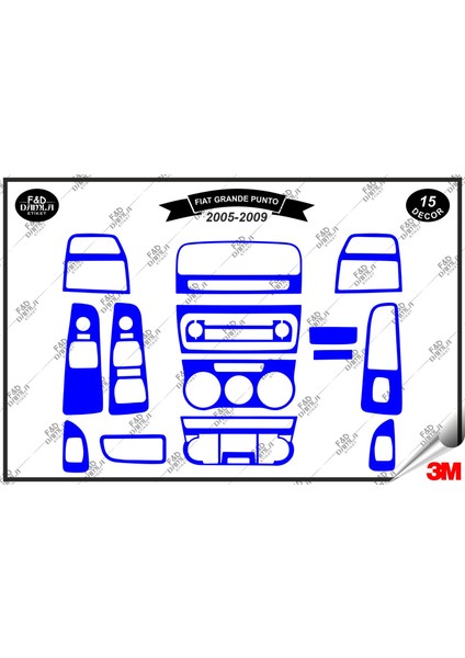 Fiat Grand Punto 2005-2009 Torpido Konsol Trim Göğüs Maun Kaplama Set 15 Parça Mavi