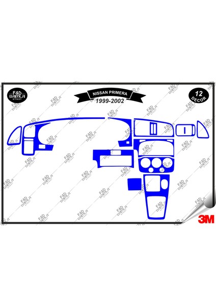 Nissan Primera 1999-2002 Torpido Konsol Trim Göğüs Maun Kaplama Set 12 Parça Mavi
