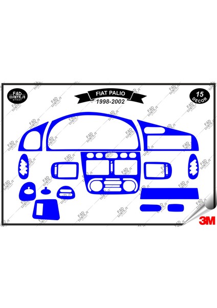 Fiat Palio 1998-2002 Torpido Konsol Trim Göğüs Maun Kaplama Set 15 Parça Mavi