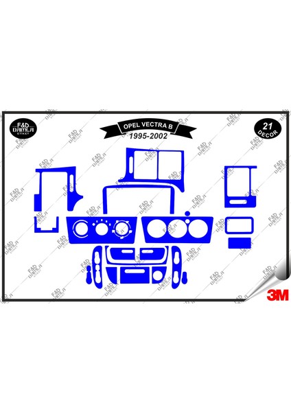 Opel Vectra B 1995-2002 Torpido Konsol Trim Göğüs Maun Kaplama Set 21 Parça Mavi