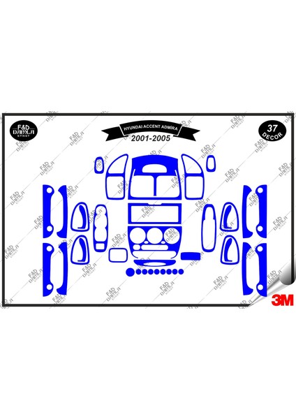 Hyundai Accent Admira 2001-2005 Torpido Konsol Trim Göğüs Maun Kaplama Set 37 Parça Mavi