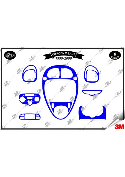 Citroen x Sara 1999-2006 Torpido Konsol Trim Göğüs Maun Kaplama Set 8 Parça Mavi
