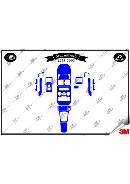 Opel Astra G 1998-2003 Torpido Konsol Trim Göğüs Maun Kaplama Set 25 Parça Mavi