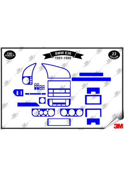 Bmw E 36 1991-1998 Torpido Konsol Trim Göğüs Maun Kaplama Set 23 Parça Mavi