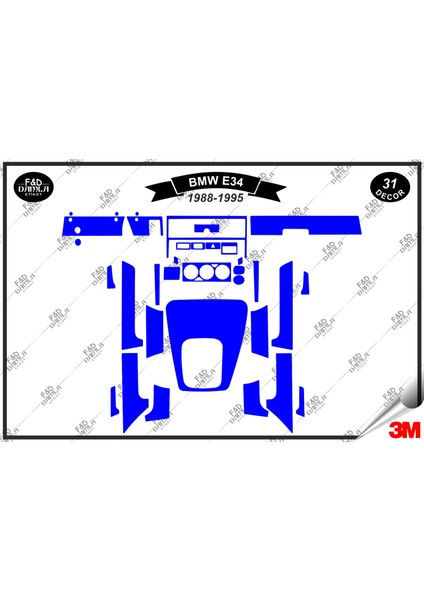 Bmw E 34 1988-1995 Torpido Konsol Trim Göğüs Maun Kaplama Set 31 Parça Mavi