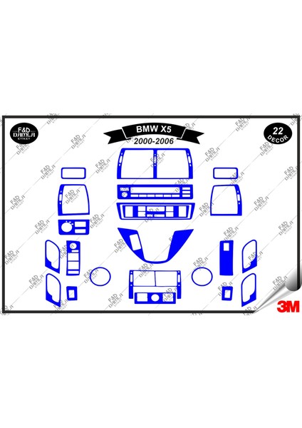 Bmw X5 2000-2006 Torpido Konsol Trim Göğüs Maun Kaplama Set 22 Parça Mavi