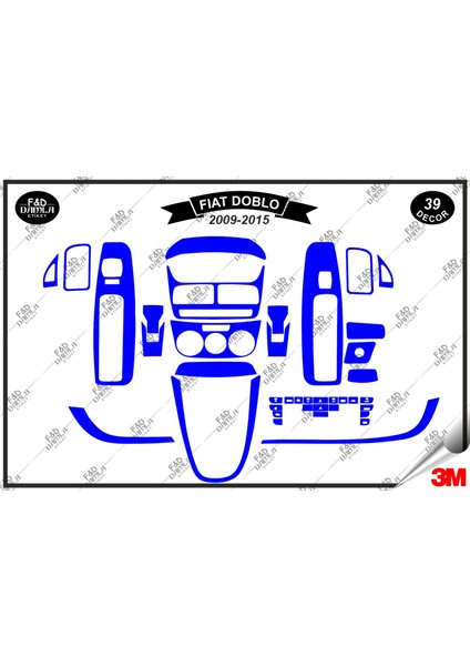 Fiat Doblo 2009-2015 Torpido Konsol Trim Göğüs Maun Kaplama Set 39 Parça Mavi