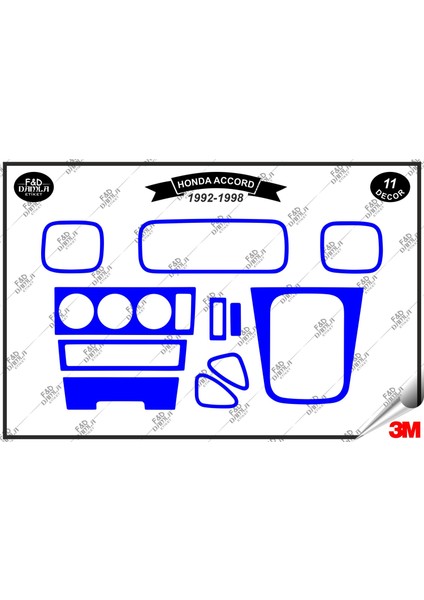 Honda Accord 1992-1998 Torpido Konsol Trim Göğüs Maun Kaplama Set 11 Parça Mavi