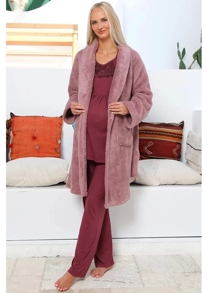 55703 3'lü Polar Sabahlıklı Lohusa Pijama Takımı