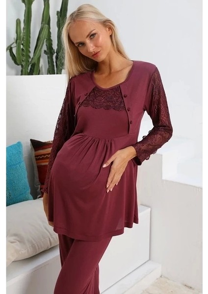 55703 3'lü Polar Sabahlıklı Lohusa Pijama Takımı