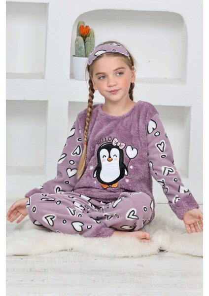 4993 Kız Çocuk Penguenli Polar Uzun Kol Pijama Takımı