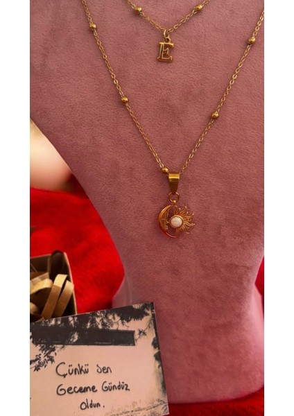 Çünkü Sen Geceme Gündüz Oldun Kolye Çelik Opal Doğaltaşlı Harfli 2 Li Kolye