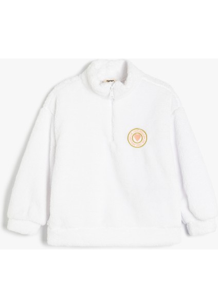 Dik Yaka Yarım Fermuarlı Uzun Kollu Peluş Sweatshirt