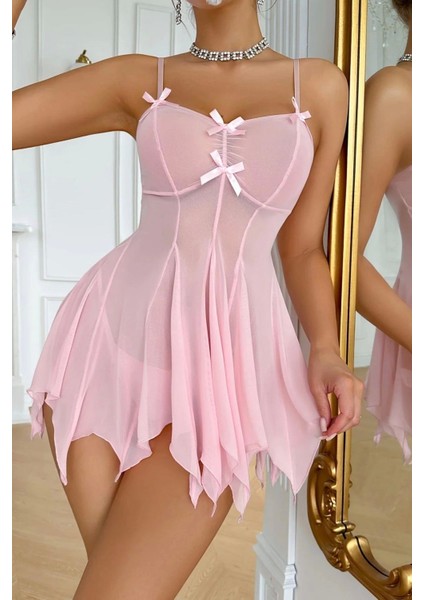 Fnt Toz Pembe Asimetrik Kesim Fiyonk Detaylı Gecelik 15903 fiyatları