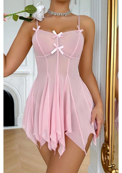 Fnt Toz Pembe Asimetrik Kesim Fiyonk Detaylı Gecelik 15903 fırsatları