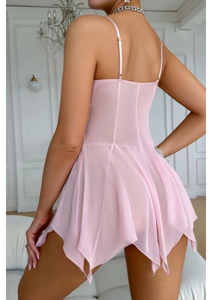 Fnt Toz Pembe Asimetrik Kesim Fiyonk Detaylı Gecelik 15903 indirimleri