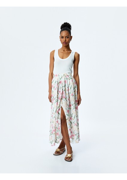 Yırtmaç Detaylı Cepli Yüksek Bel Uzun Kloş Çiçekli Etek fiyatları