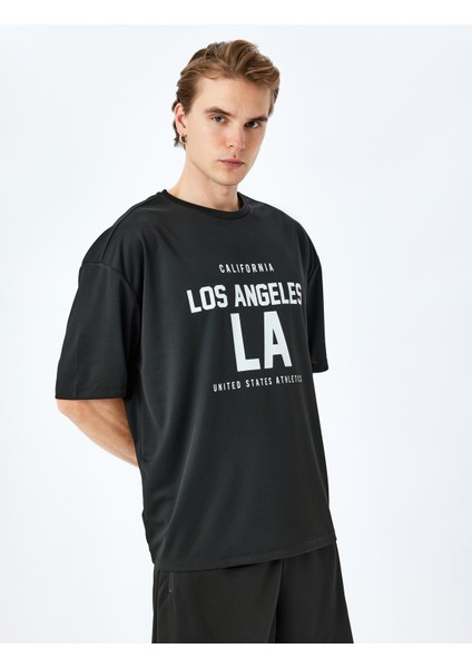 Bisiklet Yaka Yarım Kollu Slogan Baskılı Oversize Spor Tişört