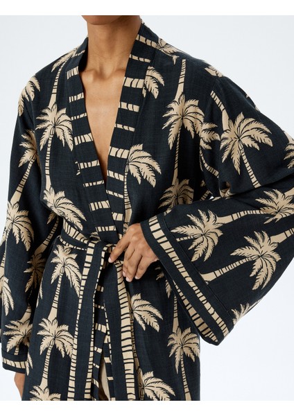 Viskon Pamuk Karışımlı Palmiye Desenli Kemerli Uzun Kimono indirimleri