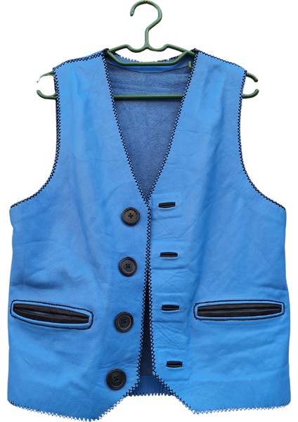El Yapımı Deri Vintage Basic Mavi Renk Kişiye Özel Tasarım Unisex Yelek