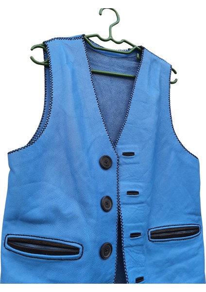 El Yapımı Deri Vintage Basic Mavi Renk Kişiye Özel Tasarım Unisex Yelek fiyatları