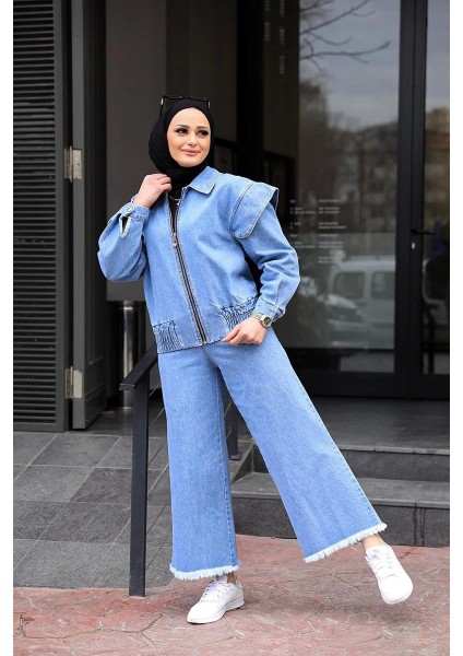 Omuz Detaylı Kot Ceket Açık Mavi