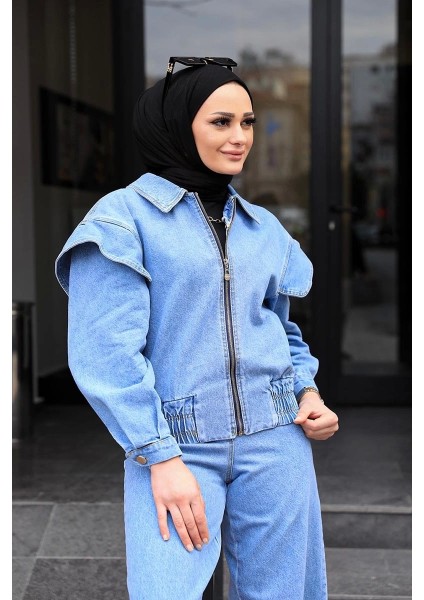 Omuz Detaylı Kot Ceket Açık Mavi modelleri