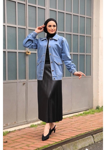 Düğmeli Kot Ceket Mavi