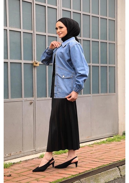 Düğmeli Kot Ceket Mavi modelleri
