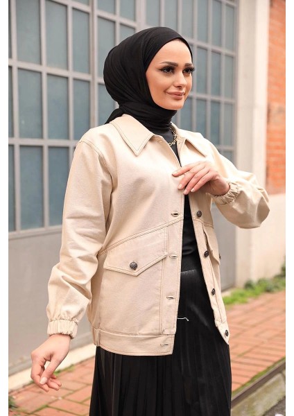Düğmeli Kot Ceket Bej modelleri
