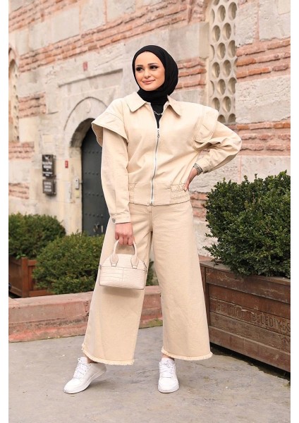 Omuz Detaylı Kot Ceket Bej