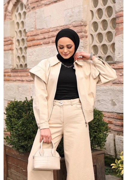 Omuz Detaylı Kot Ceket Bej fiyatları
