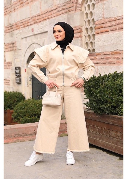 Omuz Detaylı Kot Ceket Bej modelleri