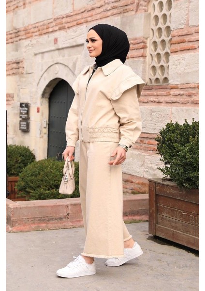 Omuz Detaylı Kot Ceket Bej fırsatları