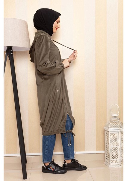 Kapüşonlu Kadife Kap Haki Yeşili modelleri